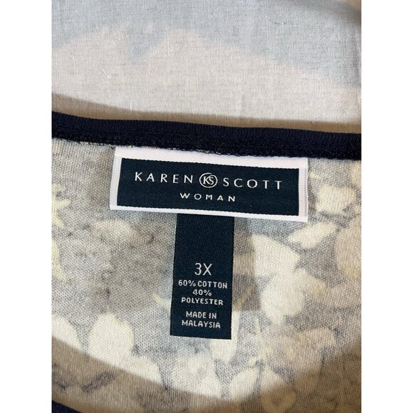 Karen Scott Women’s 3X Navy Yellow Floral  3/4 Sleeve Cotton Top - Picture 2 of 8